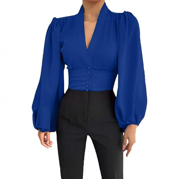 DuoJiaJ Women's Elegant Long Sleeve Blouse Shirt Deep V Neck Buttons Solid/Printed Casual Work Pullover Tops Women's Work Shirts Blue L