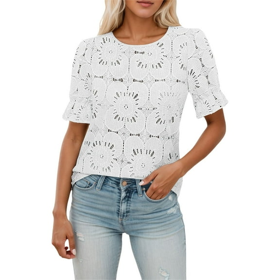 DuoJiaJ Women's Eyelet Tops Puff Short Sleeve Blouses Dressy Casual Cute Hollow Out Crochet Lace Embroidered Summer Shirts Casual V-Neck Tops White XXL