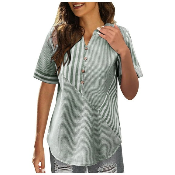 DuoJiaJ Women's Fashion Casual Cotton Material New Striped Splicing Short Sleeved T Shirt Color Shirt Women’s Ribbed Knit Crop Tops Green