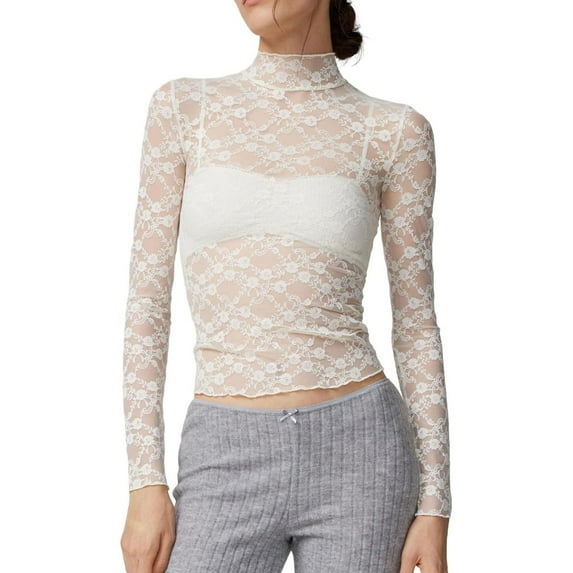DuoJiaJ Women's Fashion Casual Sexy Slim Fit Long Sleeve Lace Blouse Versatile Undershirt For Everyday Wear Women’s Workout Tops White