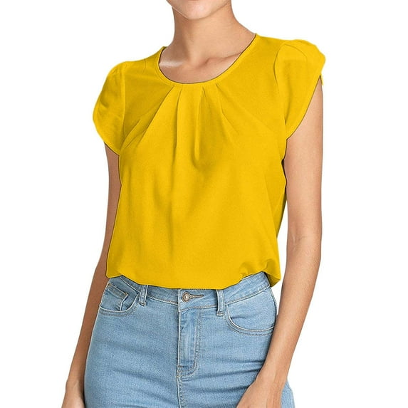 DuoJiaJ Women's Fashion Casual Solid Color Button Short Sleeve Top Women’s Workout Tops Yellow