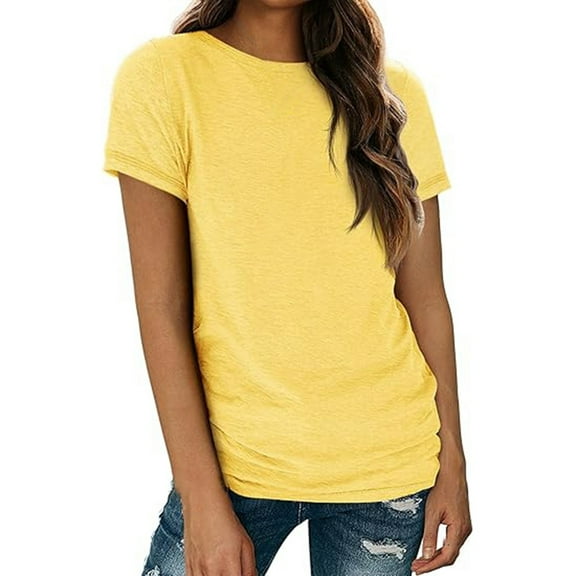 DuoJiaJ Women's Fashion Casual Solid Color Round Neck Short Sleeved T Shirt Top Women’s Blouses Yellow