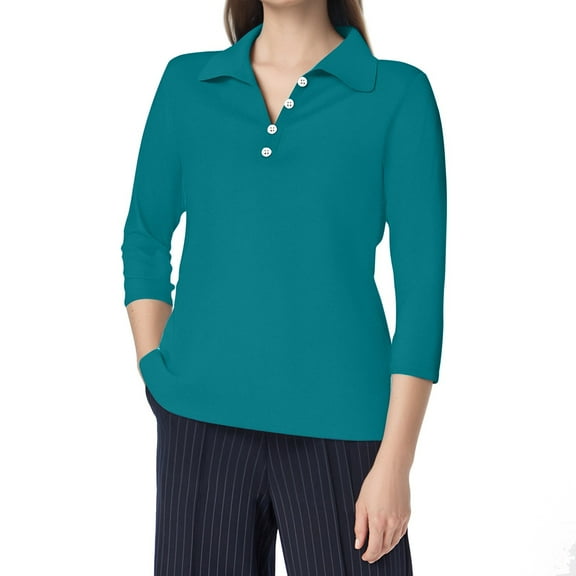DuoJiaJ Women's Fashion Casual V Neck Button Solid Color Quarter Sleeve Shirt Top 1 Women's Work Shirts Green M