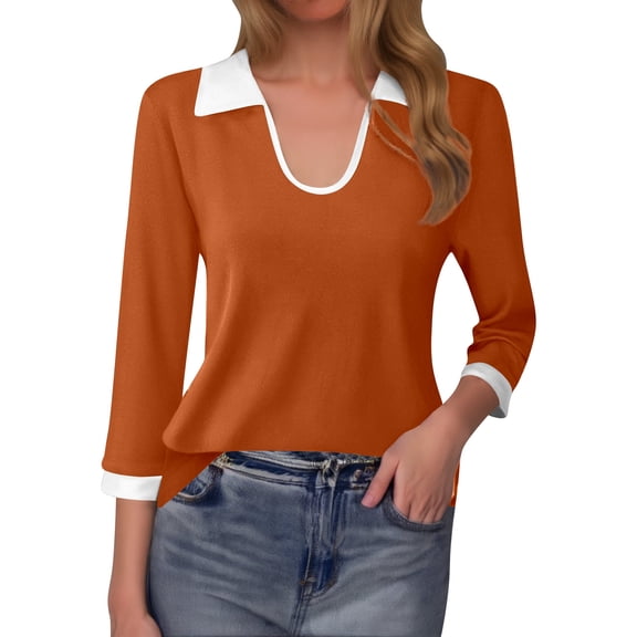 DuoJiaJ Women's Fashion Color Block Collar Long Sleeve Fitted V Neck T Shirt Women’s Ribbed Knit Crop Tops Red