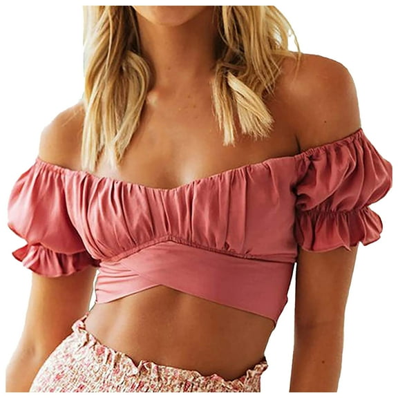 DuoJiaJ Women's Fashion Ruffle Short Sleeve Off Shoulder Tie Up Back Crop Blouse Top Women’s Ribbed Knit Crop Tops Pink