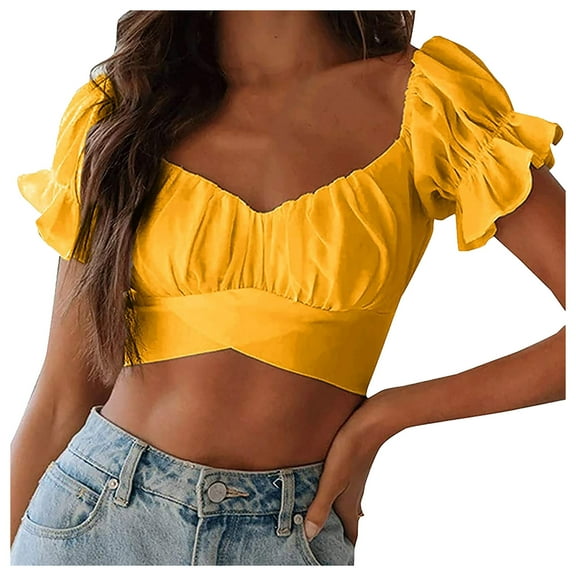DuoJiaJ Women's Fashion Ruffle Short Sleeve Off Shoulder Tie Up Back Crop Blouse Top Women’s Ribbed Knit Crop Tops Yellow