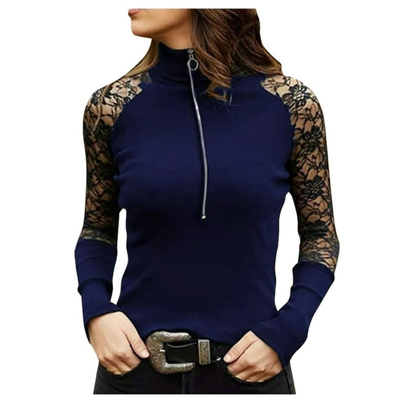 DuoJiaJ Women's Fashion Sexy Stitching Lace Zipper Long Sleeve Solid Color Pullover Tops Women’s Lace Trim Casual Blouses Blue