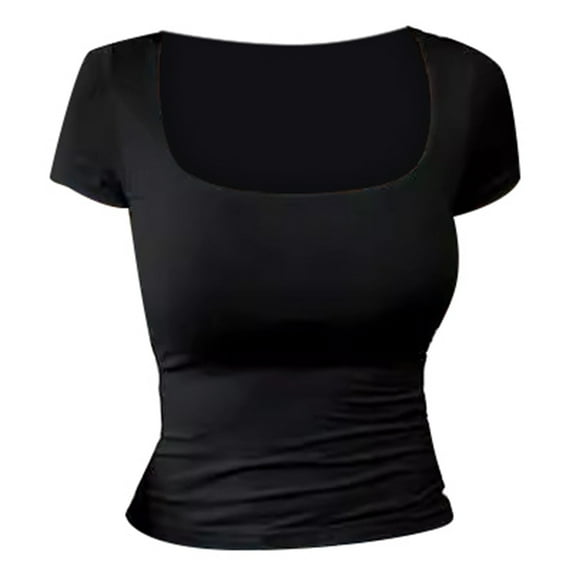 DuoJiaJ Women's Fashion Slim U Neck T Shirt Fashion Casual Solid Color Short Sleeved T Shirt Women’s Ribbed Knit Crop Tops Black