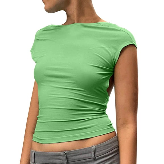 DuoJiaJ Women's Fashion Solid Backless T Shirts Crop Top Casual Short Sleeve Sexy Short Top Casual V-Neck Tops Green S