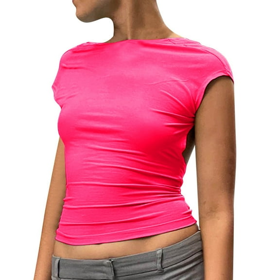 DuoJiaJ Women's Fashion Solid Backless T Shirts Crop Top Casual Short Sleeve Sexy Short Top Casual V-Neck Tops Pink XS