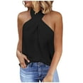 thumbnail image 1 of DuoJiaJ Women's Fashion Solid Color Sleeveless Halterneck Vest Top Women’s Linen Blend Casual Tops Black, 1 of 5