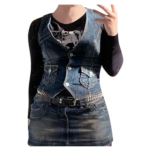 DuoJiaJ Women's Fashion Vintage V Neck Button Pocket Denim Tank Top Short Jacket Summer Tank Tops Women
