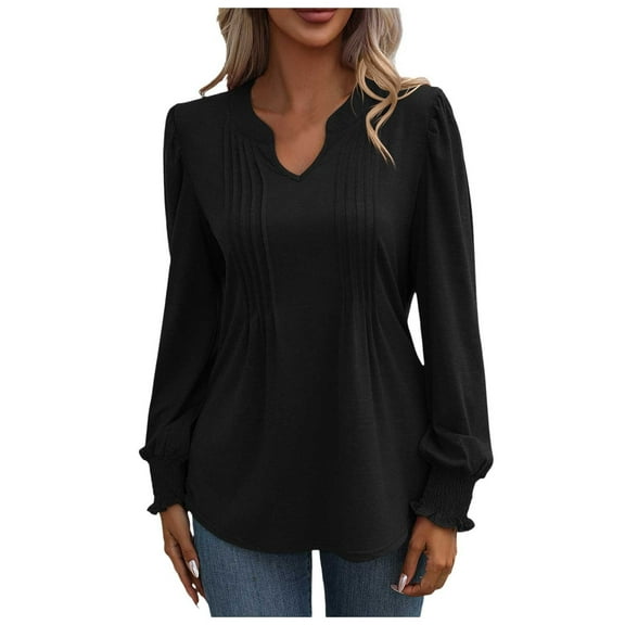 DuoJiaJ Women's Fashionable Summer Solid Color Casual Top With Bubble Sleeves V Neck Long Sleeved Top T Shirt Women’s Lace Trim Casual Blouses Black