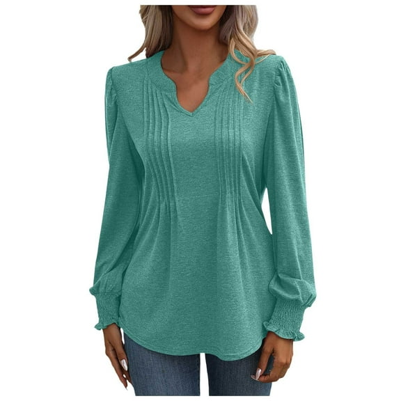 DuoJiaJ Women's Fashionable Summer Solid Color Casual Top With Bubble Sleeves V Neck Long Sleeved Top T Shirt Women’s Lace Trim Casual Blouses Green