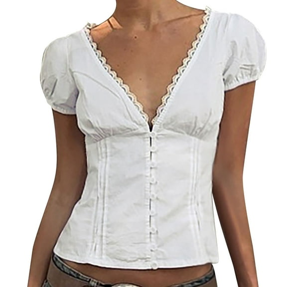 DuoJiaJ Women's French Lace White Shirt Women's Design Feel Button Lace Pleats Slim Wear Deep V Neck Short Sleeved Top Off-Shoulder Blouses White L
