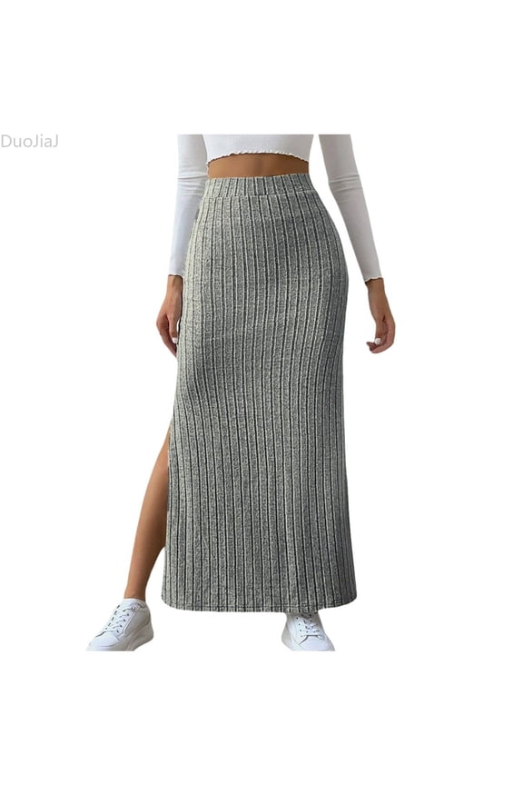 Women's High Waist Stretchy Rib Knit Split Slit Hem Midi Pencil Skirt Bodycon Skirts Women Gray XXL