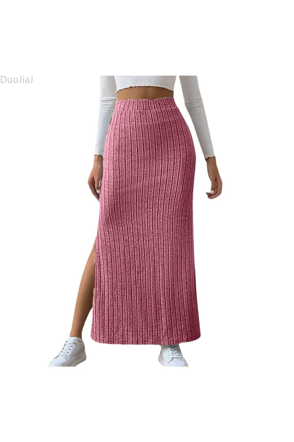 Women's High Waist Stretchy Rib Knit Split Slit Hem Midi Pencil Skirt Bodycon Skirts Women Pink S