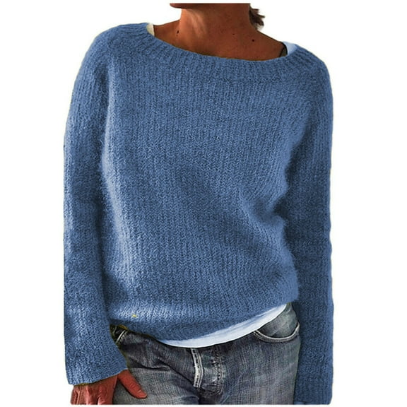 DuoJiaJ Women's Knitted Sweater Vintage Long Sleeve Boat Neck Retro Lightweight Pullover Top For Fall Winter Trendy Fashion Blue S