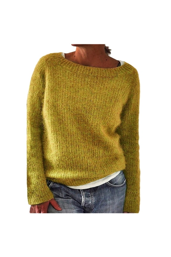 Women's Knitted Sweater Vintage Long Sleeve Boat Neck Retro Lightweight Pullover Top For Fall Winter Trendy Fashion Yellow M