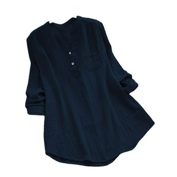 DuoJiaJ Women's Knot Long Sleeved Button Down Small V Neck Shirt Loose Multicolor Top Women's Blouses Blue M