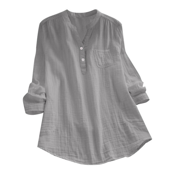 DuoJiaJ Women's Knot Long Sleeved Button Down Small V Neck Shirt Loose Multicolor Top Women's Blouses Gray M