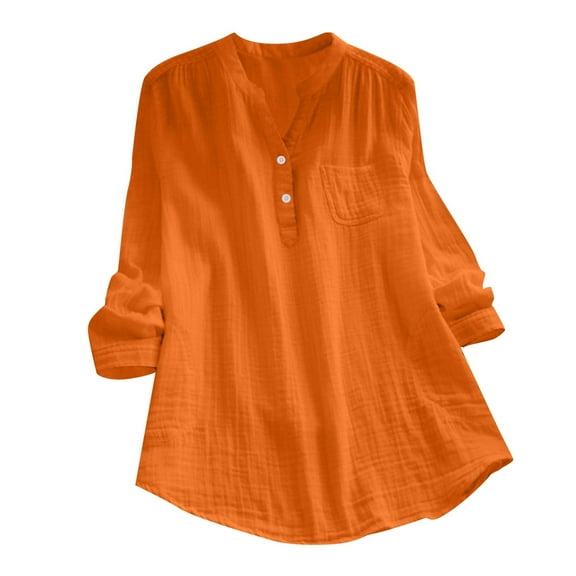 DuoJiaJ Women's Knot Long Sleeved Button Down Small V Neck Shirt Loose Multicolor Top Women's Blouses Orange XL