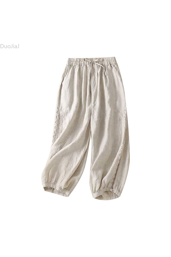Women's Lace Embroidery Patchwork Trousers Summer Wide Legs Linen Pants Hollow Out Elastic Waist Harem Pant Women Casual Pants Beige L