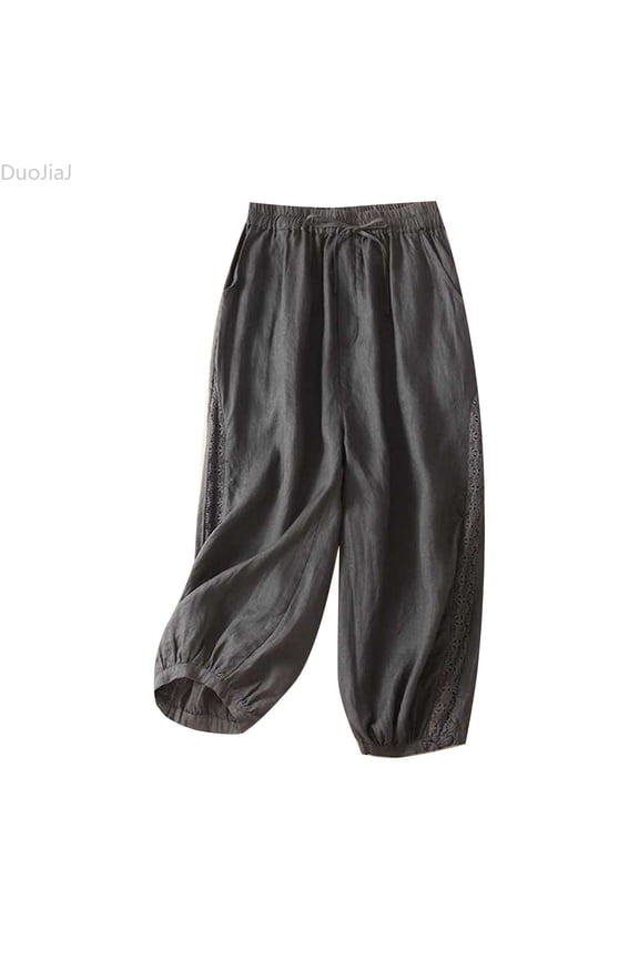 Women's Lace Embroidery Patchwork Trousers Summer Wide Legs Linen Pants Hollow Out Elastic Waist Harem Pant Women Casual Pants Gray M