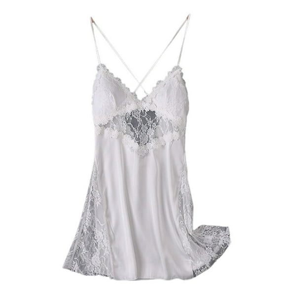 DuoJiaJ Women's Lace Suspender Padded Satin Silk Nightgown Home Clothes Sexy Women's Pajamas Lace White