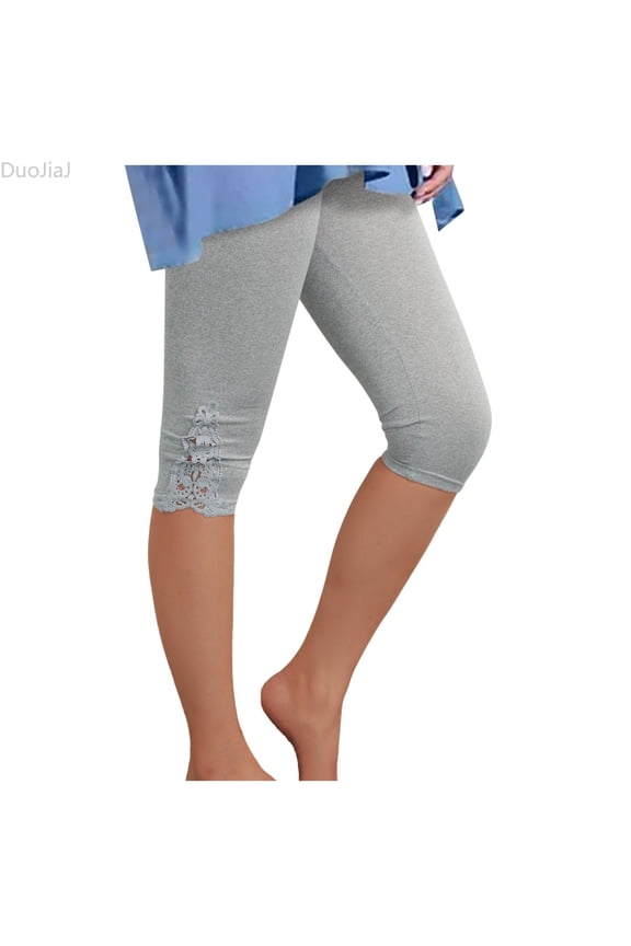 Women's Lace Trim Capri Leggings Stretch Crop Leggings Summer Tights Pants Gray L