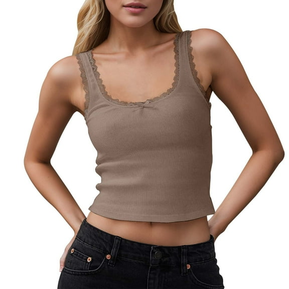 DuoJiaJ Women's Lace Trim Spaghetti Strap Top Knitted Basic Layering Shirt Padded Sports Tank Tops Women