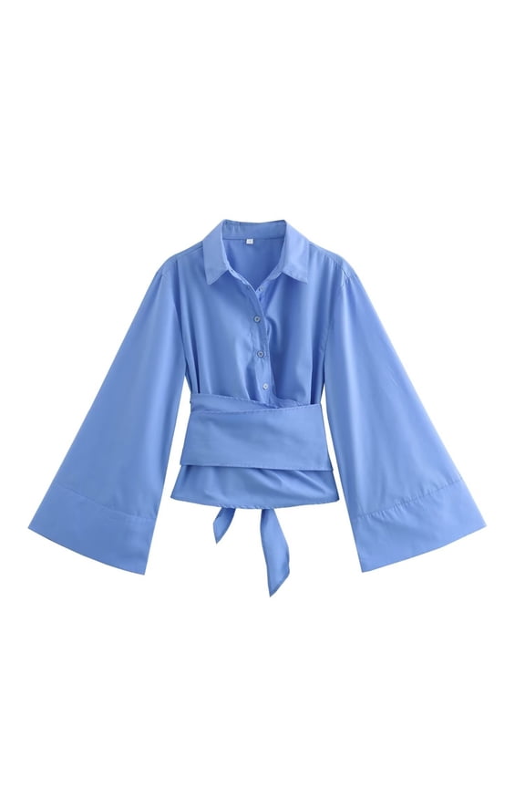 Women's Lapel Button Down Double Poplin Lace Up Long Sleeved Shirt Women's Short Sleeve Shirts Blue M