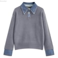 thumbnail image 1 of DuoJiaJ Women's Lapel Denim Blend Sweater,Denim Yoke Warm Winter Casual Top,XXL, 1 of 3
