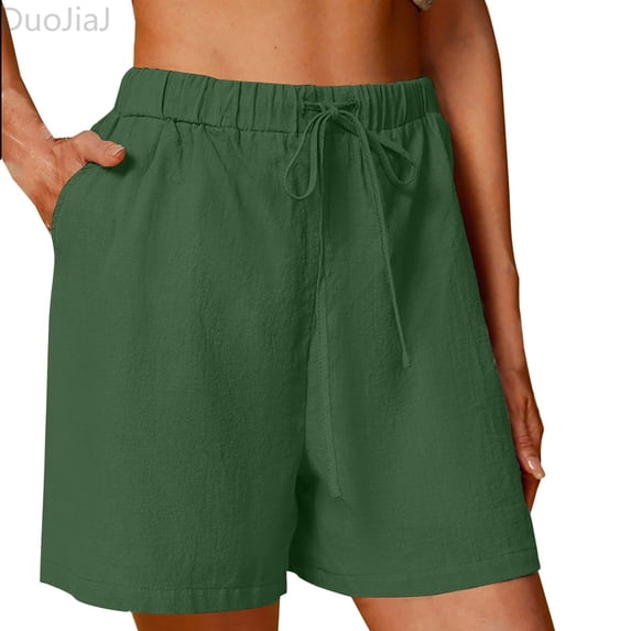 DuoJiaJ Women's Linen Shorts Solid Color Comfortable Wide Leg Leisure Shorts Five Eighths Pants Women Casual Pants Green S