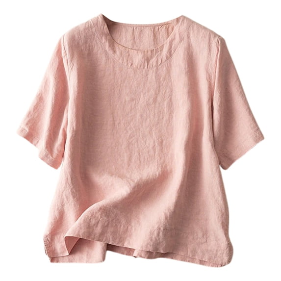DuoJiaJ Women's Literary Retro Temperament Loose Casual Pullover Linen Short Sleeve T Shirt Top Women’s Button-Down Shirts Pink