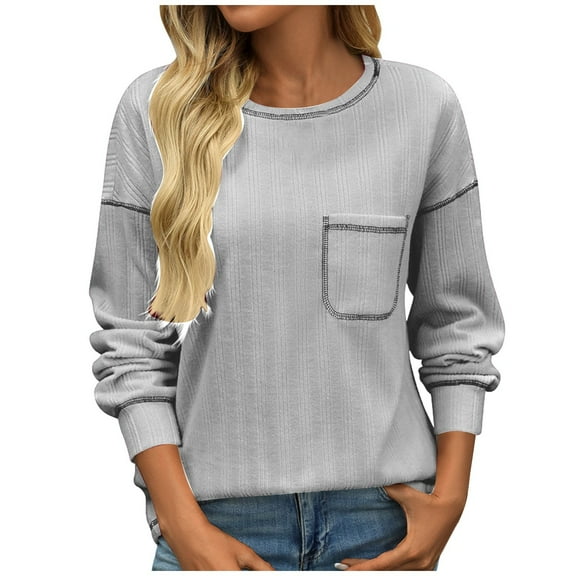DuoJiaJ Women's Long Sleeve Casual Solid Round Neck Knitted Loose Pullover Shirt Top Women’s Blouses Gray
