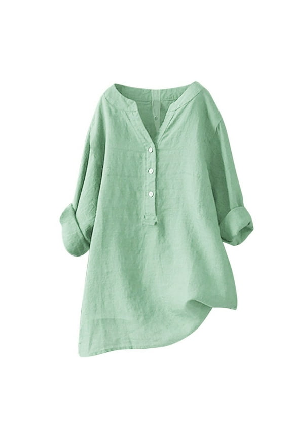 Women's Long Sleeve Shirts Button Down Blouse Cotton Tunic High Low Tops Green XL