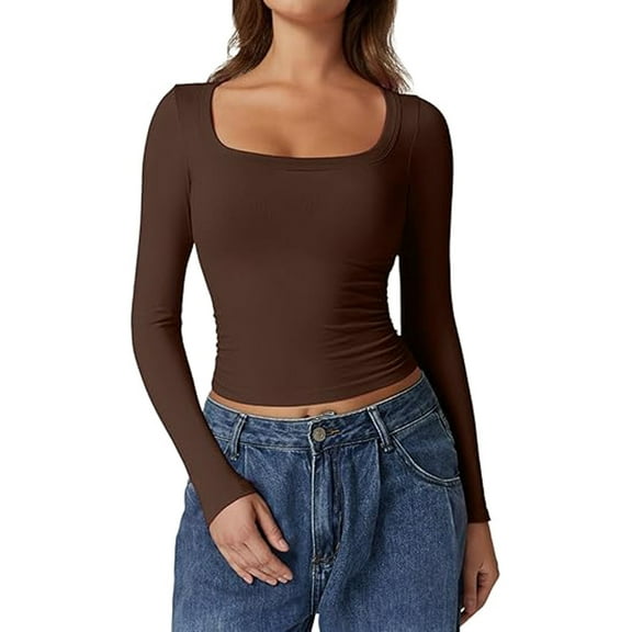 DuoJiaJ Women's Long Sleeve T Shirts Neck Slim Fit Going Out Tops Double Lined Basic Tee Cloud Collection Ladies Thermal Underwear Brown XS