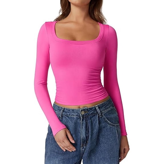 DuoJiaJ Women's Long Sleeve T Shirts Neck Slim Fit Going Out Tops Double Lined Basic Tee Cloud Collection Ladies Thermal Underwear Red XS