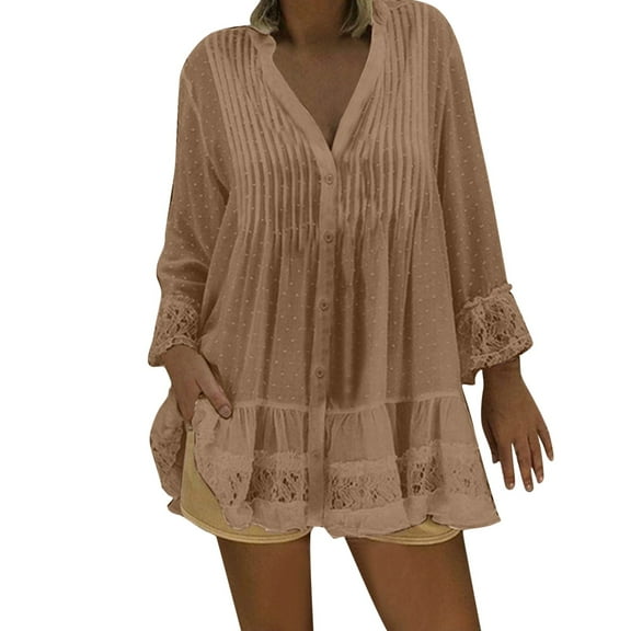 DuoJiaJ Women’s Long Sleeve Tops Lace Casual Loose Blouses T Shirts Yellow S