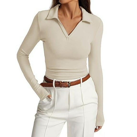 DuoJiaJ Women's Long Sleeve V Neck Slim Fit Casual Basic Pleated Top T Shirt Breathable Sport Tops Yellow XL