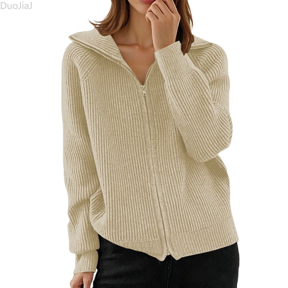 DuoJiaJ Women's Long Sleeve Zip Up Cardigan,Ribbed Texture Slim Fit Knit Coat,M