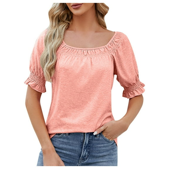 DuoJiaJ Women's Loose Fit Casual Short Sleeve T Shirt Spring & Summer Square Neck Top Women’s Lace Trim Casual Blouses Pink