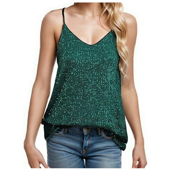 DuoJiaJ Women's Loose Sequin V Neck Sleeveless Casual Sequin Deep V Cotton Tank Tops for Women
