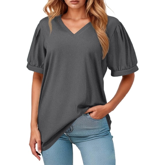 DuoJiaJ Women's Loose V Neck Short Sleeve Puffed Casual T Shirt Women’s Athletic Racerback Tank Tops Gray