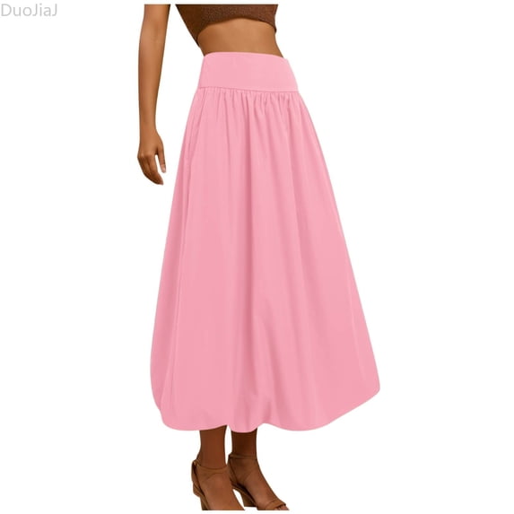DuoJiaJ Women's Maxi Skirt Elastic Waist Puffy Hem A-Line Skirt Red S