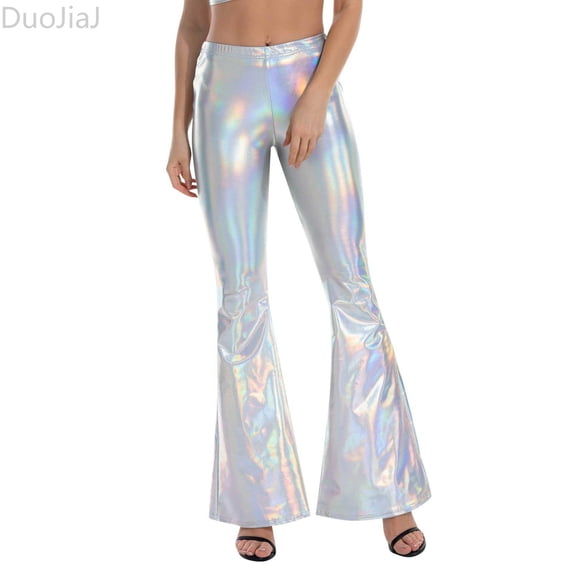 DuoJiaJ Women’s Metallic Pants Glitter Bell Bottoms Casual High Waist Wide Leg Flare Trousers Party Clubwear Multicolor M