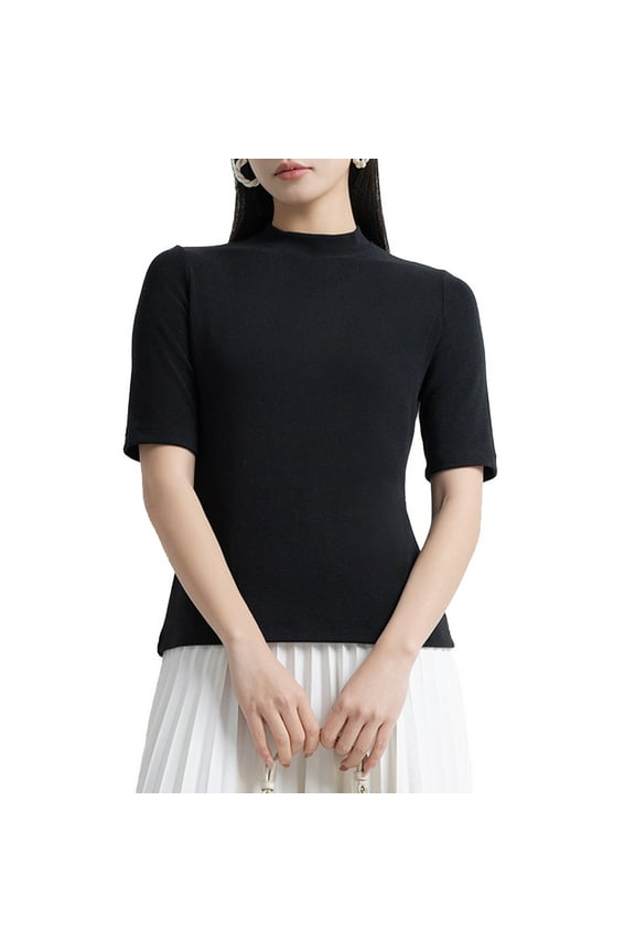 Women's Turtle Neck Slim Fit Half Elbow Short 3/4 Sleeve T Shirts Tight Tops Tee Womenâs T-Shirts Black
