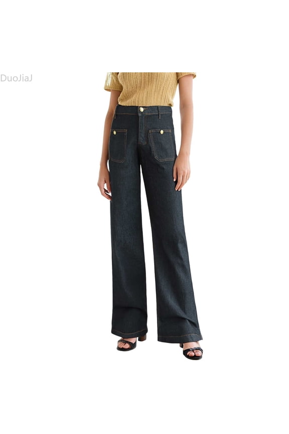 Women's New 2026 Loose Wide Leg Large Size Casual Washed Button Micro Horn Jeans Women's Casual Pants Women's Wide Leg Pants Blue XXXL