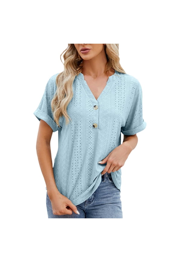Women's New V Neck Roll Up Short Sleeve Button Loose Casual T Shirt Linen Tops for Women Blue L